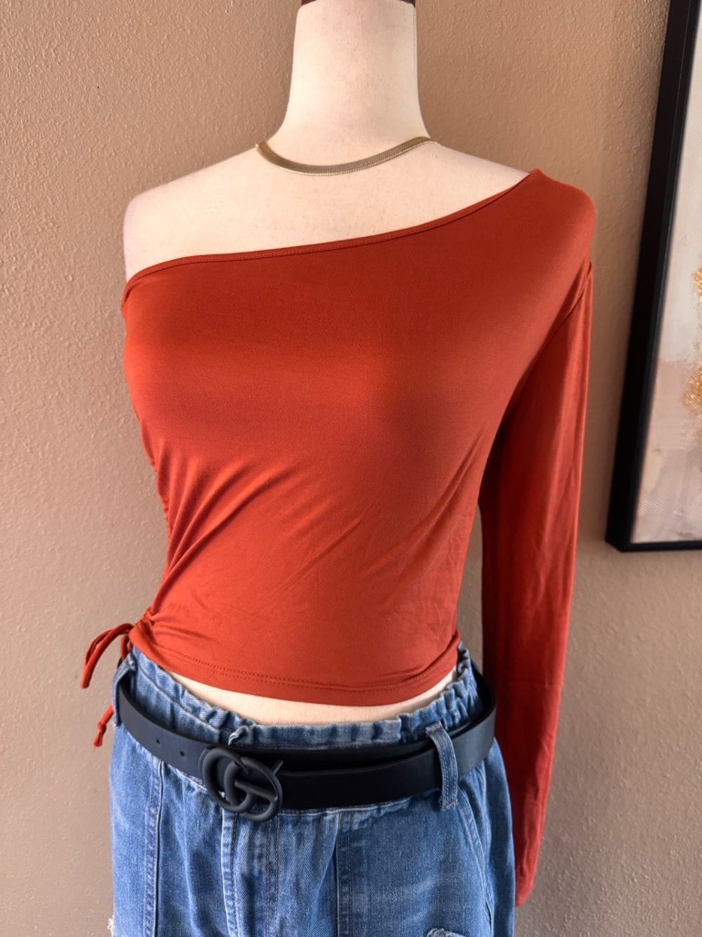 HEART & HIPS One-Shoulder Long-Sleeve Crop Top - Rust Orange - Picture 9 of 10